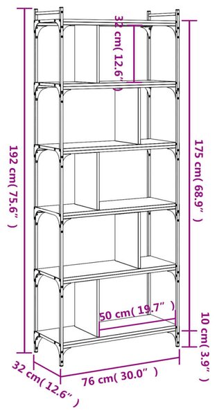6 Polcos Fa Könyvespolc - Sonoma Tölgy - 76x32x192 cm