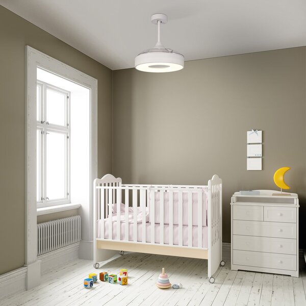 Coin Mini LED mennyezeti ventilátor, fehér, DC, csendes, Ø91 cm – Mantra Mantra Iluminación, Coin Mini, dimmable, Fehér, Nappali, Műanyag, Modern