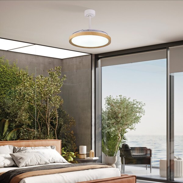 Mistral LED mennyezeti ventilátor, fa mintázatú, DC, csendes, CCT – Mantra Mantra Iluminación, Mistral, dimmable, Fa, Nappali, Műanyag, Modern