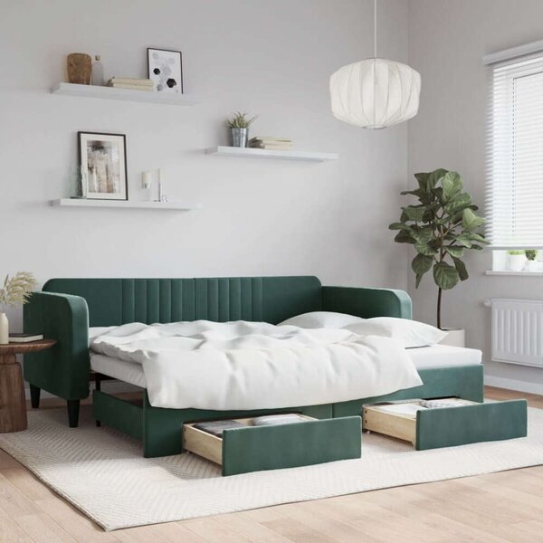 VidaXL sötétzöld kihúzható bársony heverő fiókkal 90 x 200 cm