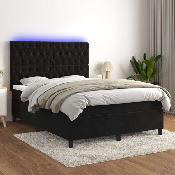 VidaXL fekete bársony rugós és LED-es ágy matraccal 140x200 cm