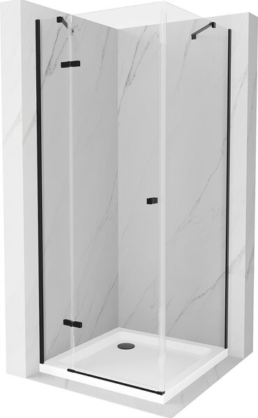 Mexen Roma, zuhanykabin 1 szárnyú ajtóval 90 (ajtó) x 90 (fali) cm, 6 mm átlátszó üveg, fekete profil, vékony zuhanytálca 5 cm fehér, fekete szifonnal, 854-090-090-70-00-4010B