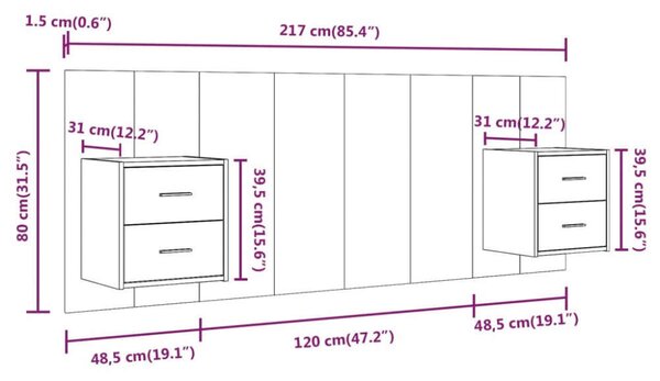 VidaXL betonszürke szerelt fa ágyfejtámla szekrényekkel