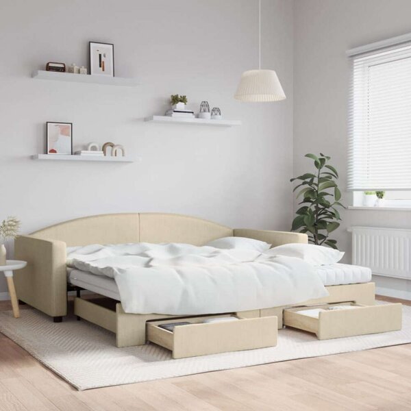 VidaXL krémszínű kihúzható szövet heverő fiókkal 100x200 cm