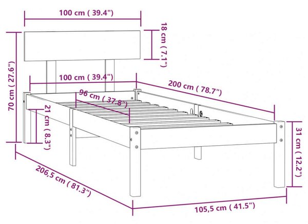 VidaXL Fekete Fenyőfa Ágykeret - 100x200 cm