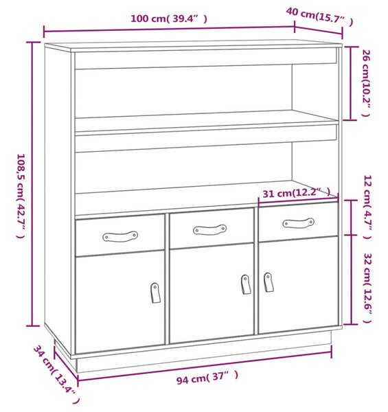 VidaXL mézbarna tömör fenyőfa magasszekrény 100 x 40 x 108,5 cm