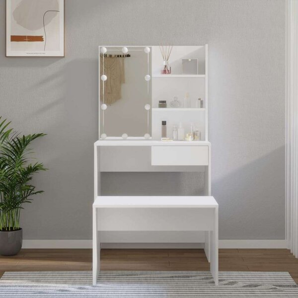 Fehér Fa LED-es Sminkasztal Szett - 75x40x141cm