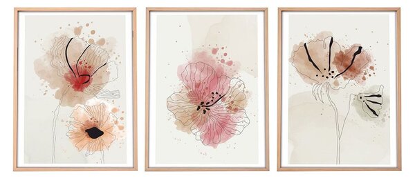 Falikép szett, 3 db, virágok, rózsaszín - bézs, 50x70 cm - TRIO