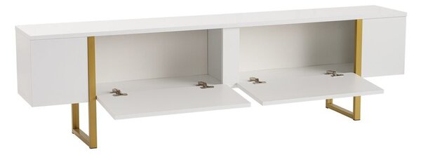 TV állvány, tároló résszel, fa, fehér, arany fém lábakkal - TANGIBLE