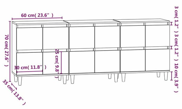 VidaXL Fehér Fa Tálalószekrény Szett - 3 db - 60x35x70 cm