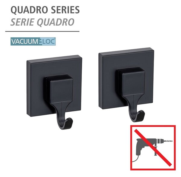 Fekete öntapadós műanyag akasztó szett 2 db-os Quadro – Wenko