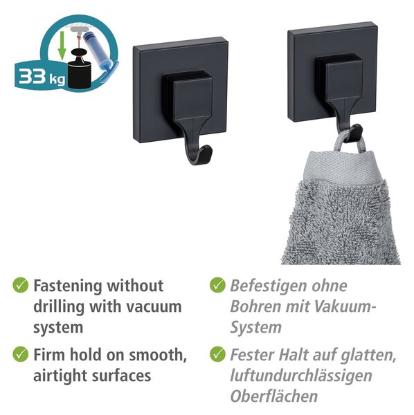 Fekete öntapadós műanyag akasztó szett 2 db-os Quadro – Wenko