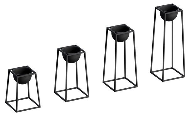 Kaspó szett, 4 részes, állvánnyal, fém, fekete - PLANTOU
