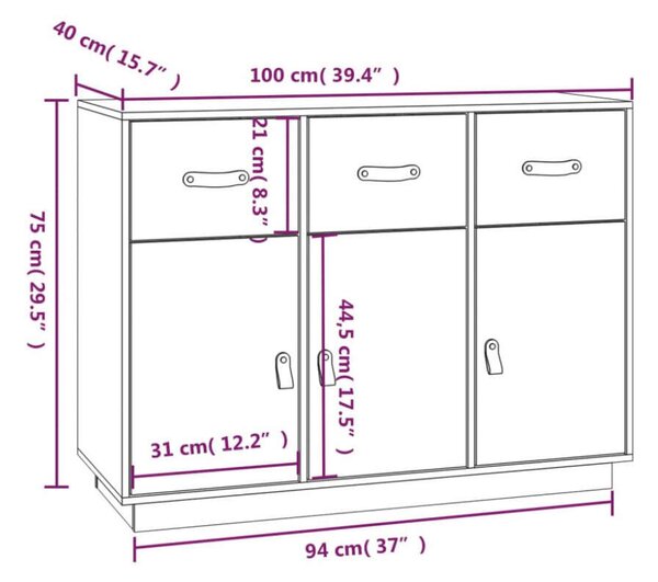 VidaXL szürke tömör fenyőfa tálalószekrény 100 x 40 x 75 cm