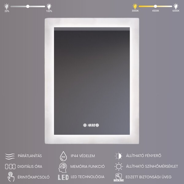 75x100cm álló fürdőszobai LED tükör | Páramentesítő - Beépített óra - Fényerő és színhőmérséklet szabályozás | Welland Kath