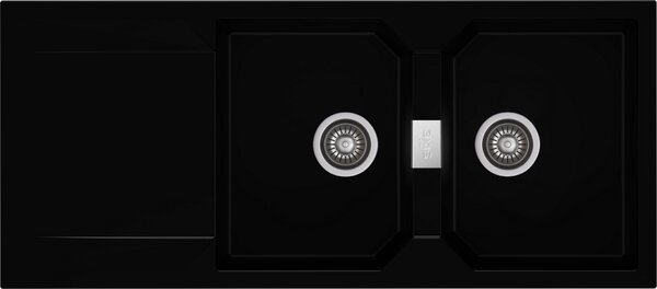 KRONOS 200 kétmedencés csepegtetőtálcás gránit mosogató automata dugóemelő, szifonnal, fekete, beépíthető