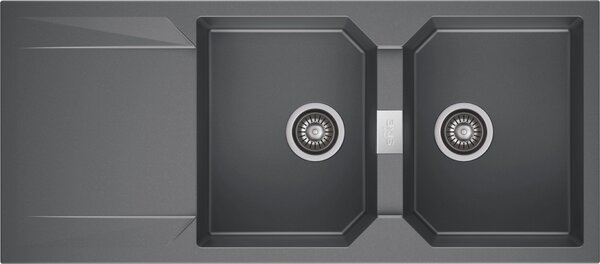 KRONOS 200 kétmedencés csepegtetőtálcás gránit mosogató automata dugóemelő, szifonnal, szürke, beépíthető
