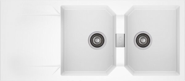 KRONOS 200 kétmedencés csepegtetőtálcás gránit mosogató automata dugóemelő, szifonnal, fehér, beépíthető