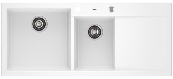 A-POINT 180 kétmedencés csepegtetőtálcás gránit mosogató automata dugóemelő, szifonnal, fehér, balos, beépíthető