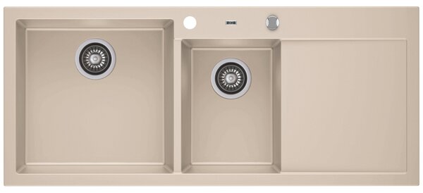 A-POINT 180 kétmedencés csepegtetőtálcás gránit mosogató automata dugóemelő, szifonnal, bézs, balos, beépíthető