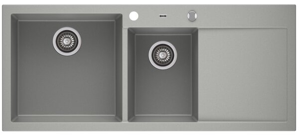 A-POINT 180 kétmedencés csepegtetőtálcás gránit mosogató automata dugóemelő, szifonnal, szürke, balos, beépíthető