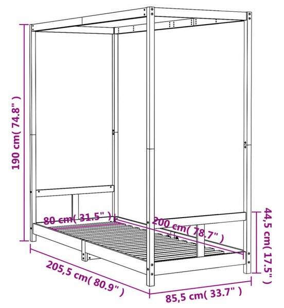 VidaXL fekete gyerek tömör fenyőfa ágykeret 80 x 200 cm
