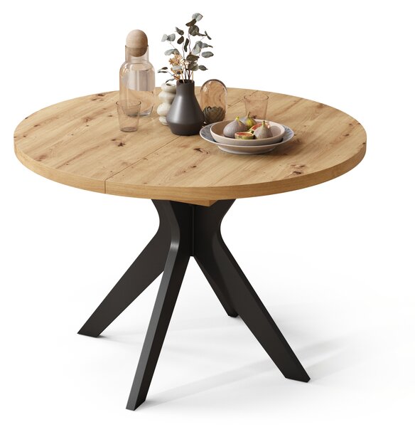 Mazzoni RENZO Artisan Tölgy/fekete láb - KEREK ASZTAL Ø110 180 cm-re BŐVÍTHETŐ | A KONYHÁBA ÉTKEZŐBE NAPPALIBA RETRO