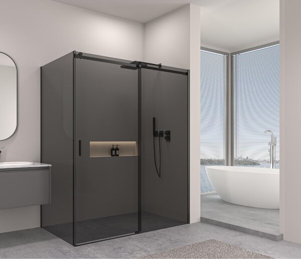 Erga Lynn, tolóajtós zuhanykabin 90 (ajtó) x 100 (fal) x 195 cm, 8mm szürke üveg, fekete profil, ERG-V02-LYNN-D090G100-GR-BK