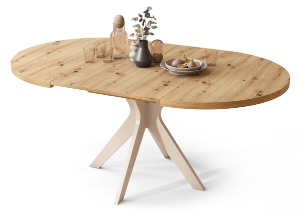 Mazzoni RENZO Artisan Tölgy/bézs láb (pezsgő) - KEREK ASZTAL Ø110 180 cm-re BŐVÍTHETŐ | A KONYHÁBA ÉTKEZŐBE NAPPALIBA RETRO