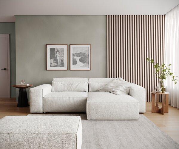 DELIFE Sarokkanapé Sirpio 230x155 cm bouclé krémfehér rekamié változtatható puffal