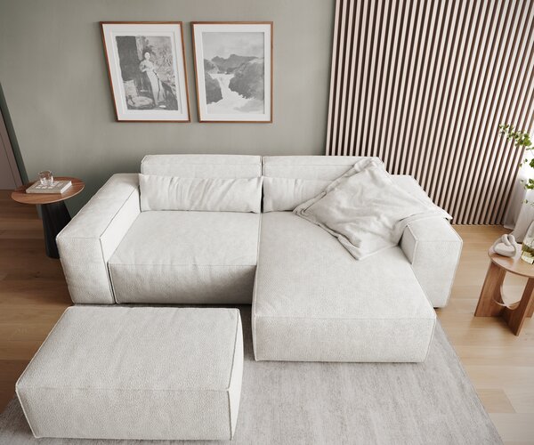 DELIFE Sarokkanapé Sirpio 230x155 cm bouclé krémfehér rekamié változtatható puffal