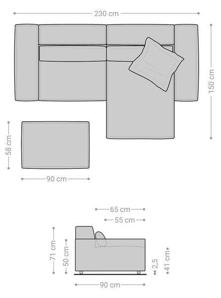 DELIFE Sarokkanapé Sirpio 230x155 cm bouclé krémfehér rekamié változtatható puffal