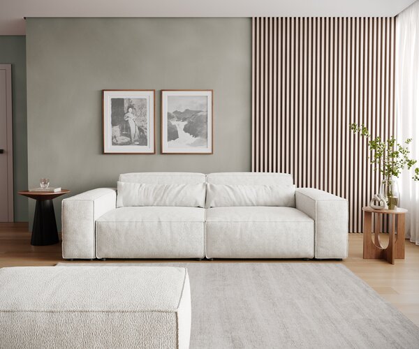 DELIFE Nagy kanapé Sirpio 230x95 cm bouclé krémfehér puffal