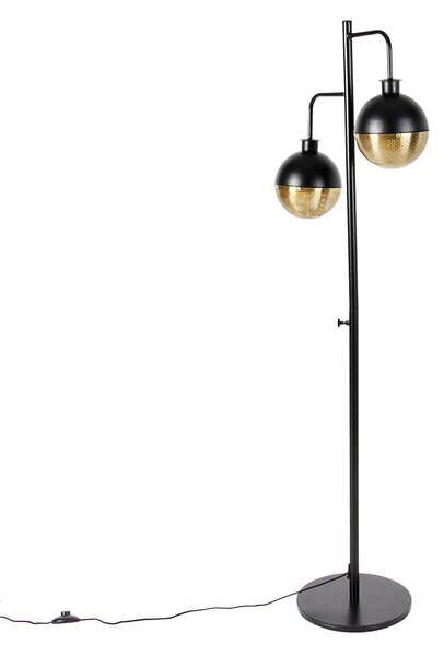 Ipari állólámpa fekete, sárgaréz 2-lámpás - Haicha