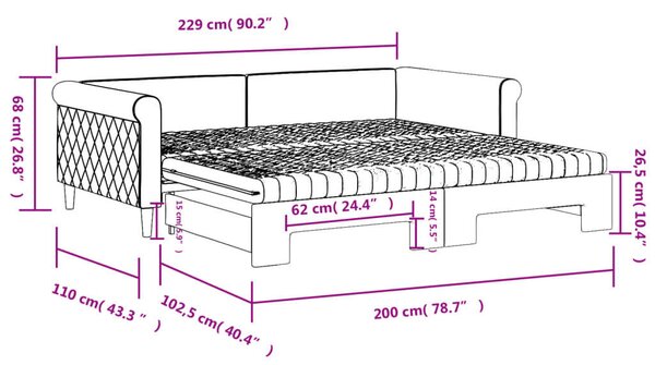 VidaXL rózsaszín kihúzható bársony heverő matraccal 100 x 200 cm