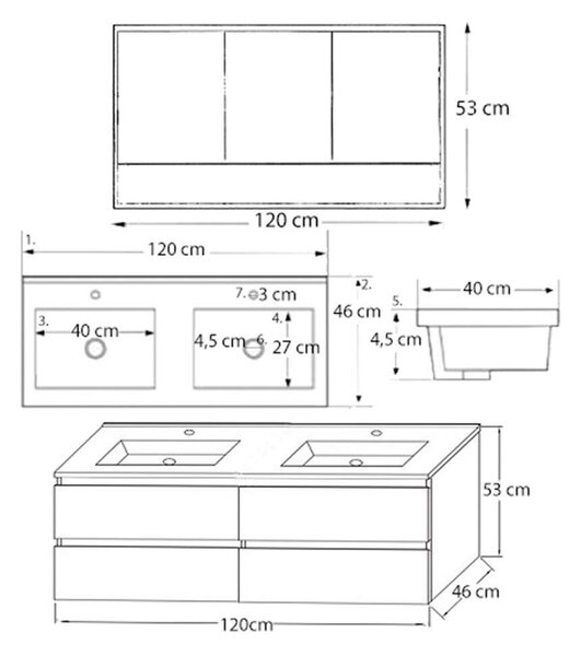 Porto Fürdőszoba Bútor - 120 cm - Dupla Mosdóval