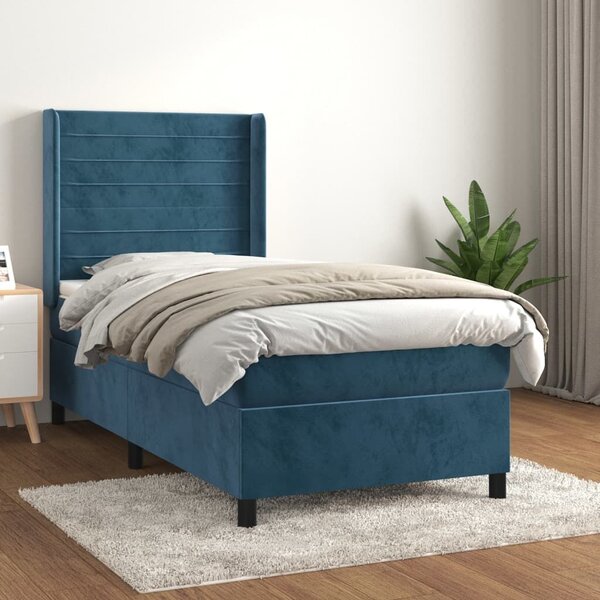 VidaXL sötétkék bársony rugós ágy matraccal 90x190 cm