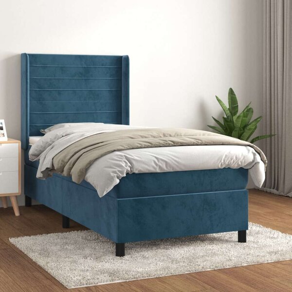 VidaXL sötétkék bársony rugós ágy matraccal 90x190 cm