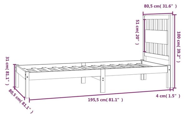 VidaXL fehér tömör fenyőfa ágykeret 75x190 cm (2FT6 Small Single)