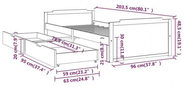 VidaXL sötétszürke tömör fenyőfa ágykeret fiókkal 90 x 200 cm