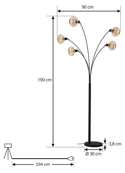 Lindby állólámpa Lielle, natúr bambusz, 5 lámpás, 190 cm, Világos fa, Nappali / Étkező, Bambusz, Vidéki otthon / Rusztikus