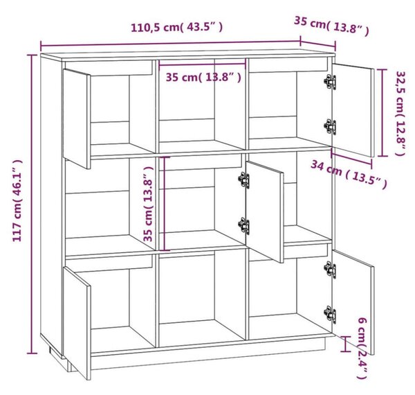 VidaXL mézbarna tömör fenyőfa magasszekrény 110,5x35x117 cm
