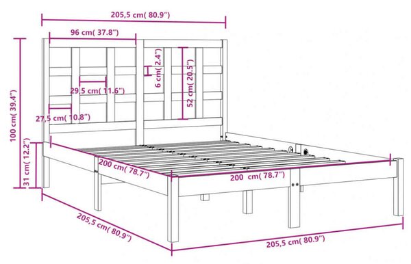 VidaXL fekete tömör fa ágykeret 200 x 200 cm