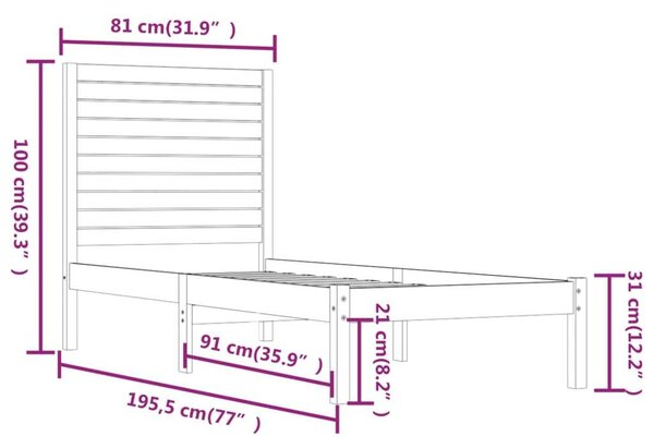 VidaXL Fehér Fenyőfa Ágykeret - 75x190 cm