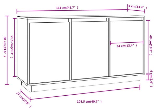 VidaXL Fehér Tömörfa Tálalószekrény - 111x34x60 cm