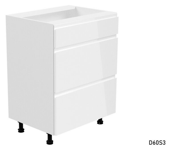 ASPEN D60S3 alsó, széles, fiókos konyhaszekrény, 60x82x47, fehér/szürke magasfényű