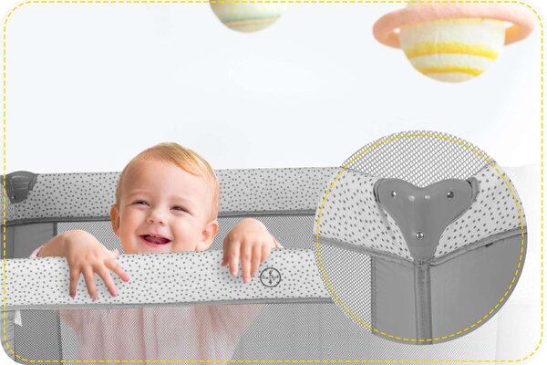 Ricokids állítható fekvőmagasságú prémium Utazóágy kiegészítőkkel és kupolával, 125x78x65, 15kg - Szürke