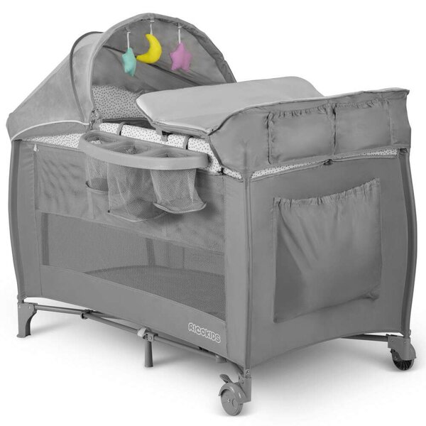 Ricokids állítható fekvőmagasságú prémium Utazóágy kiegészítőkkel és kupolával, 125x78x65, 15kg - Szürke