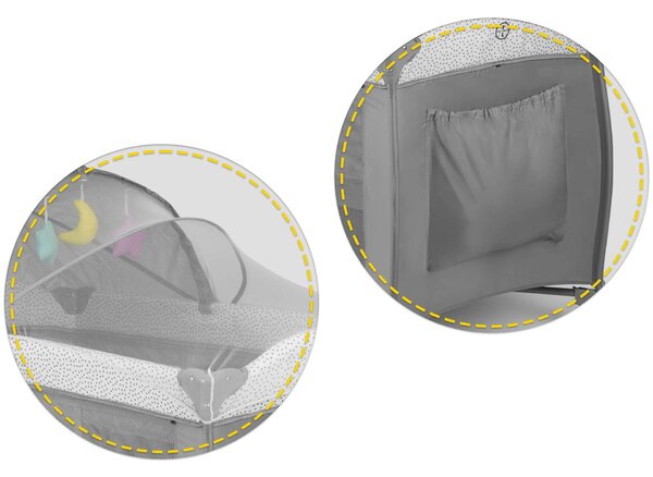 Ricokids állítható fekvőmagasságú prémium Utazóágy kiegészítőkkel és kupolával, 125x78x65, 15kg - Szürke