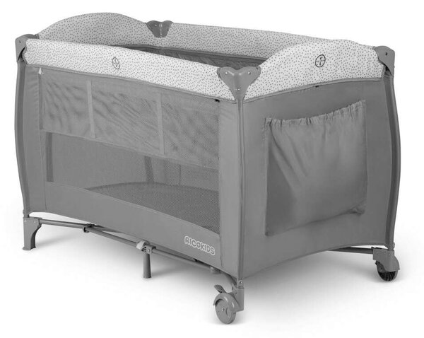 Ricokids állítható fekvőmagasságú prémium Utazóágy kiegészítőkkel és kupolával, 125x78x65, 15kg - Szürke